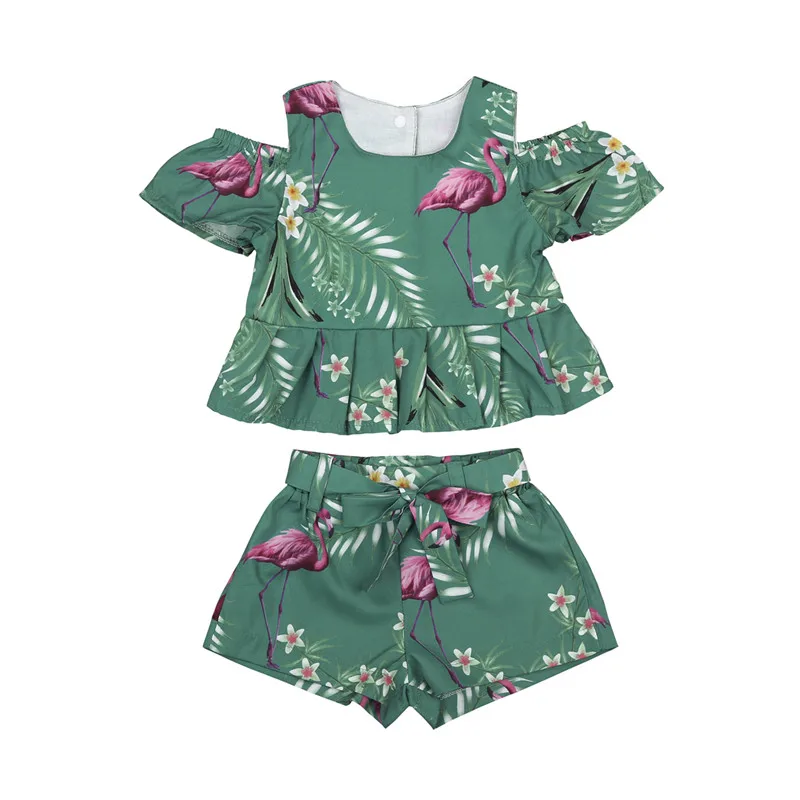 Bamblys Vaikams, Kūdikių Mergaičių Drabužių Rinkiniai Mados Vasaros Flamingo 2vnt Gėlių Shoulderless T-shirts Viršūnių Lankas Diržo Šortai Rinkiniai 6M-4Y