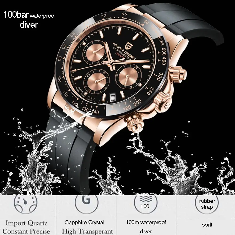 Pagani Deisgn Chronograph Watch Vyrų Japonija VK63 Kvarco Vyrai Laikrodžiai 100M Naras Vandeniui Sporto Laikrodžiai Safyras Prabangus Laikrodis Vyras