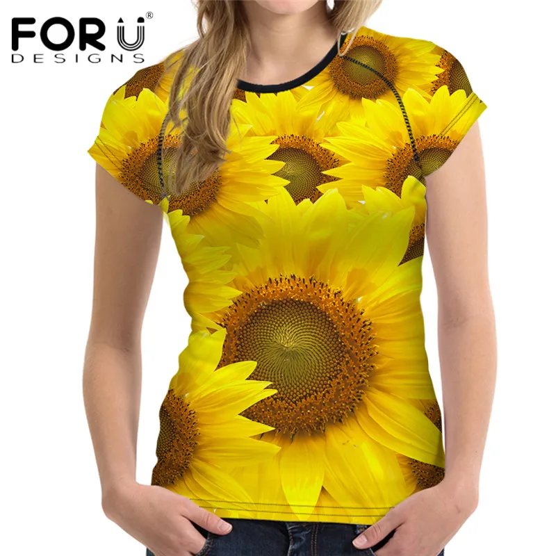 FORUDESIGNS Saulėgrąžų Marškinėliai Moterims trumpomis Rankovėmis Viršuje Tees Komfortą Kvėpavimas 3D Gėlių Tee Marškinėliai Prekės ženklo Drabužių Apvalios Kaklo marškinėliai