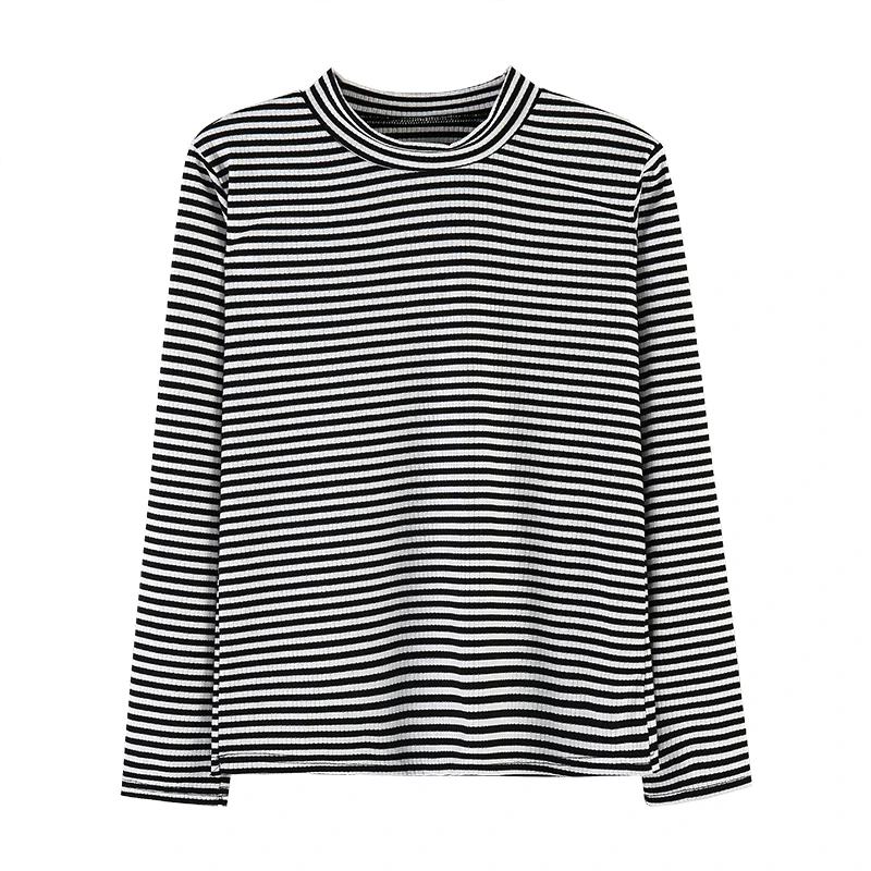 2020 Dugno Marškinėliai Atsitiktinis Juoda Balta Dryžuotas Aukštos kaklo Viršūnes Moterų Rudens/žiemos Marškinėliai ilgomis rankovėmis Slim Mori Mergina T Shirts
