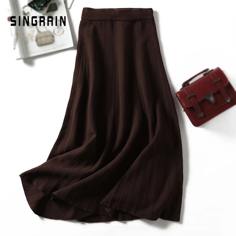 SINGRAIN Moterų megzti ilgas sijonas žiemą šiltas megztinis juostele-line maxi sijonai midi trikotažo moterų nuosėdos swing sijonas rudenį