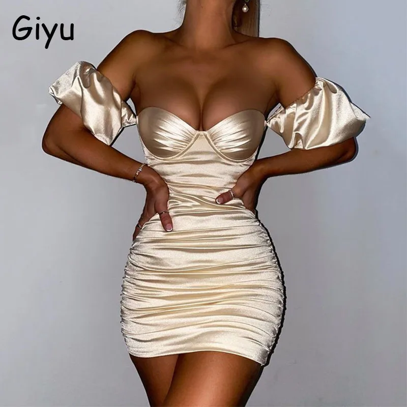 Giyu Satino Suknelė Moterų Klubo Šalies Seksualus Bodycon Sluoksniuotos Rankovėmis Off Peties Backless Mini Suknelės Rudenį, Elegantiškas Ruched Vestidos