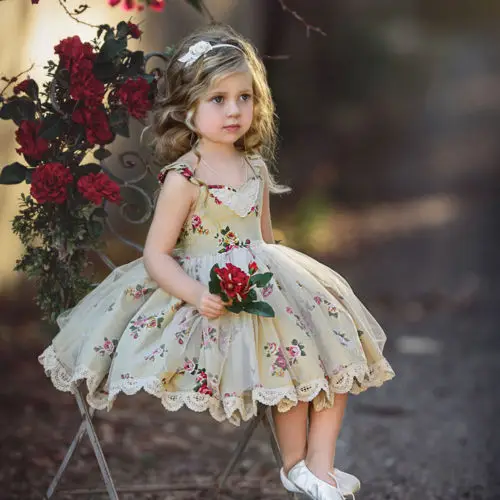 Princesė Vaikams Mergaitėms Gėlių Suknelė Vasaros Baby Girl Rankovių Gėlių Nėrinių Suknelė Šalis Bamblys Tiulis Tutu Kamuolys Suknelė Suknelė