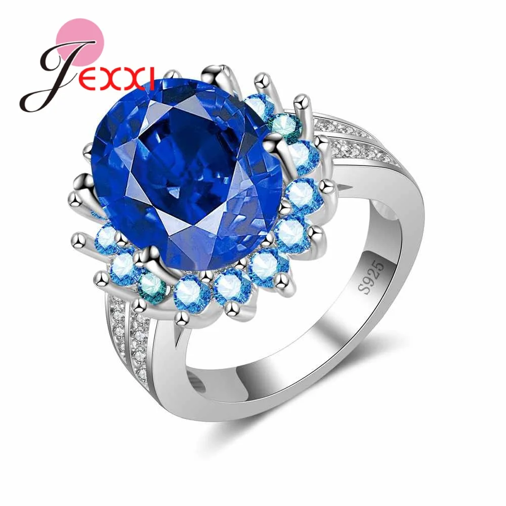 Klasikinis 925 Sterlingas Sidabro Piršto Žiedai Su Putojančio Mėlyna Kubinis Cirkonis Vestuvių & jubiliejų dovana, Tikra Meilė