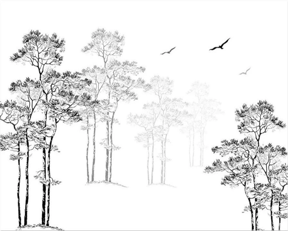 Individualizuotos Fono paveikslėlį Namų dekoro Freskos Black & White Eskizas Abstrakčiai Medžio Skraidančiu Paukščiu TV Fono sienos 3d tapetai Beibehang