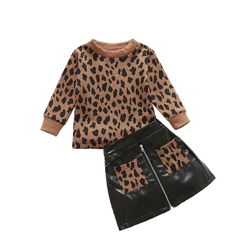 Rudenį, Žiemą Baby Girl Dviejų dalių Komplektas Bamblys Vaikams ilgomis Rankovėmis Megztinis Ruda Leopard Megztinis Viršuje Užtrauktukas Klubo Kišenėje Sijonas Rinkiniai
