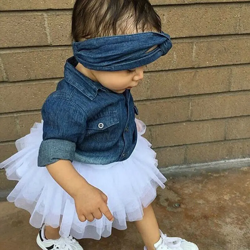 Bamblys Vaikas Baby Girl Komplektus Džinsinio audinio Drabužius ilgomis Rankovėmis Viršūnes T-shirt+Tutu Sijonas+Lankelis 3Pcs Sunsuit Princesė Drabužių Rinkinį 0-5T