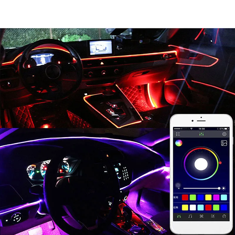 RGB Automobilio Interjero, Aplinkos Šviesos Neonas Optinio Pluošto Juostelės su 12 led Grindų lempos APP 