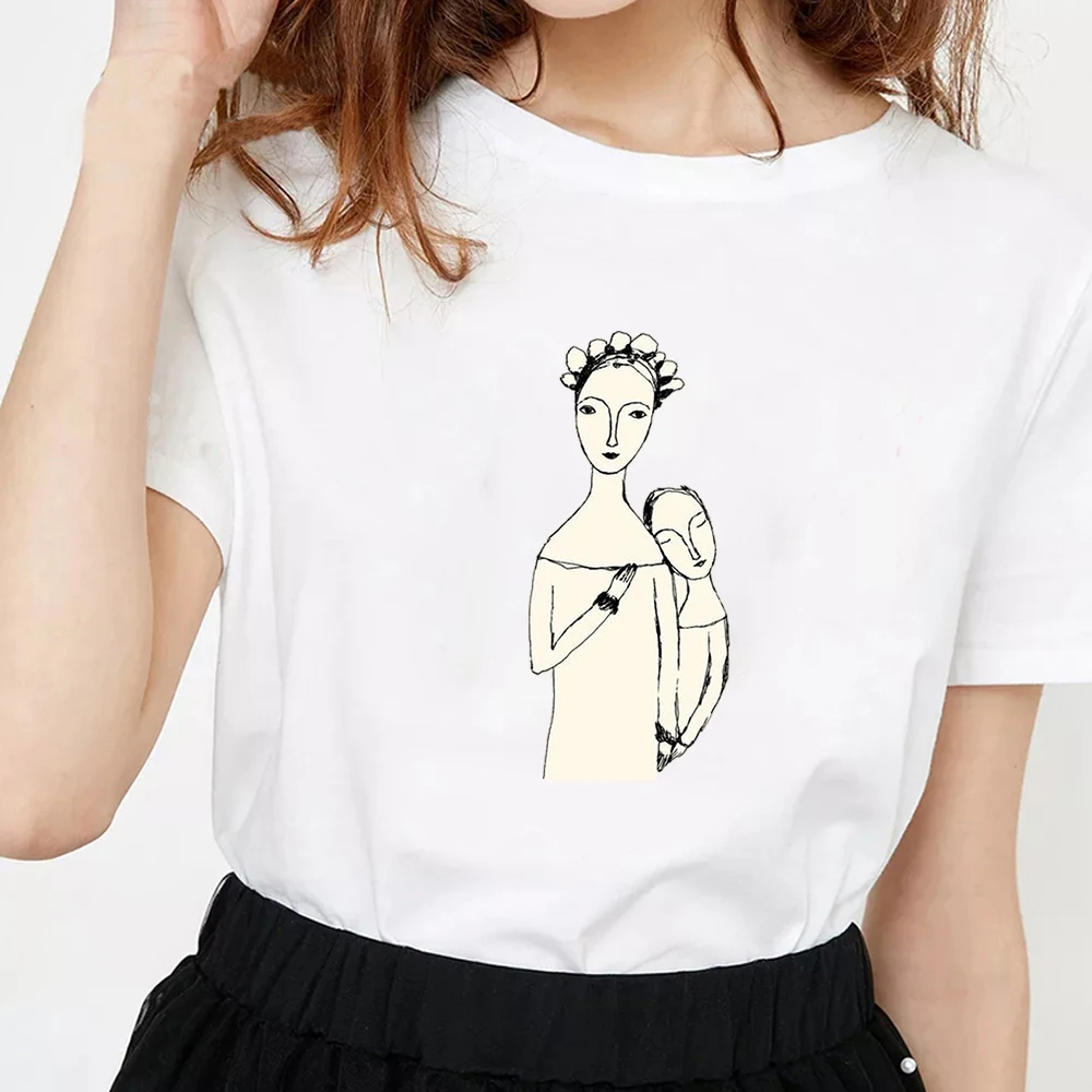 Naujas mados minimalistinio abstrakčiai veidą, print T-shirt Modalinis vasaros trumparankoviai O-kaklo marškinėliai mados atsitiktinis laukinių moterų marškiniai