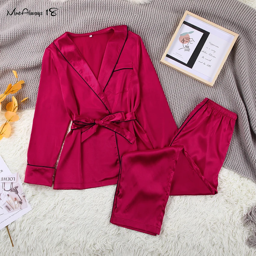 Mnealways18 Kalėdų Raudona Satino Rūbeliai Rinkiniai Pižama Moterų Žiemos Elegantiškas Namų Sleepwear Moterų Varčias Miego Rūbeliai Dviejų Dalių Rinkiniai