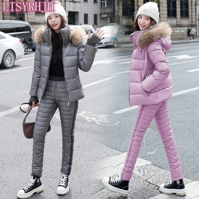 LISYRHJH moterų 2020 m. žiemos Parko Nekilnojamojo kailių apykaklės gobtuvu medvilnės striukę, paltą, kelnes tinka moteris Žemyn medvilnė, 2 gabalas rinkinių, šiltas