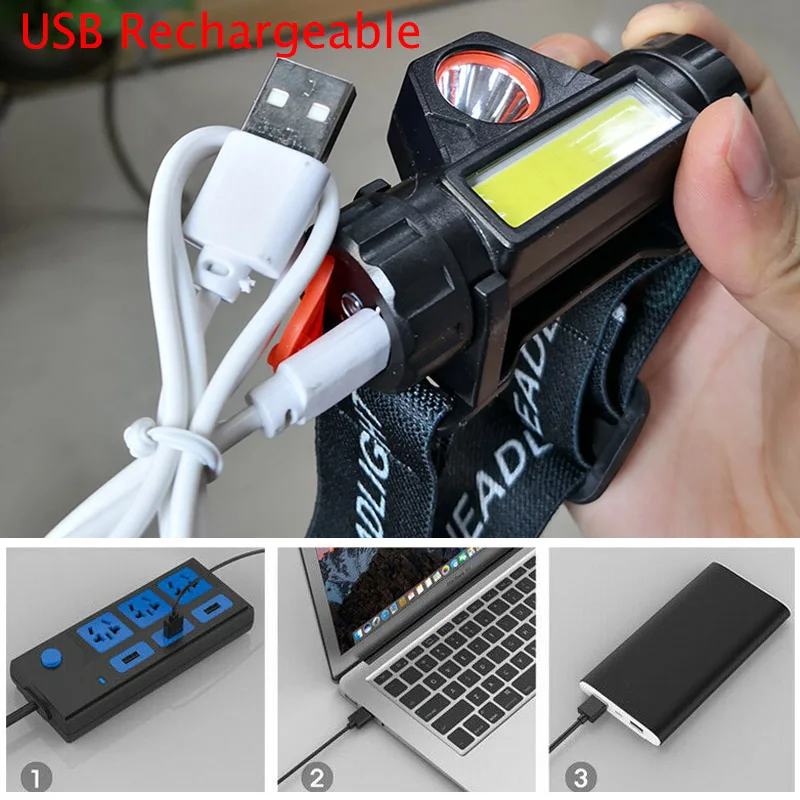 Galingas USB Įkrovimo žibintai 2 LED, COB XPE baterija Q5 naktį žvejybos Apšvietimas priekinės žibintuvėlis Galvos Šviesos lempų Šviestuvai