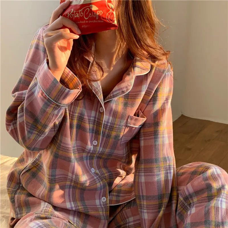 Pavasarį moterys pledas pižama nustatyti ilgomis rankovėmis korėjos prašmatnus languotas sleepwear mergaičių pižamos homewear merginos tinklelis namų pjs rinkiniai L152