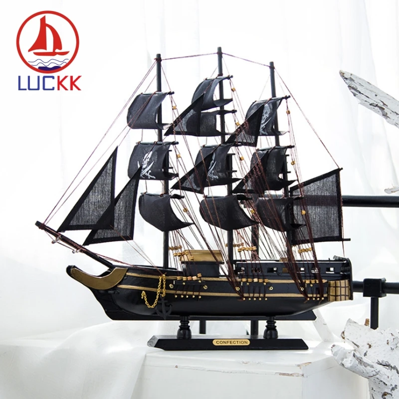LUCKK 50CM Mediterrean Stiliaus Medinės Statulėlės Piratų Laivo Modelį Jūrmylių Klasika Medienos Amatų Namų Puošybai Jūros Priedai
