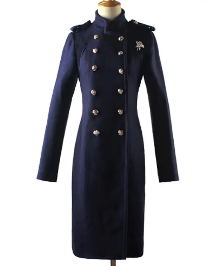 2020 m., nauja rudens žiemos antpetis karinio stiliaus moteris stovėti apykaklės, dvieiliai vilnonis paltas