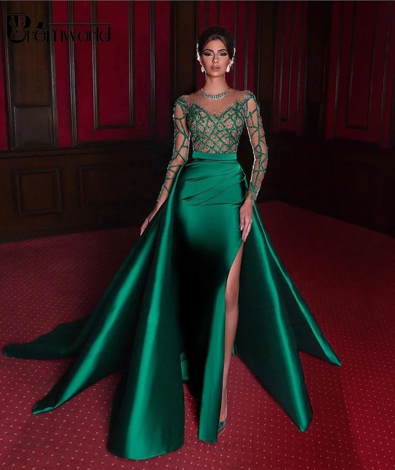 Elegantiška, Undinėlės Vakaro Suknelės 2020 Smaragdas Žalia Oficialų Suknelė Visiškai Ilgomis Rankovėmis Satino Seksualus Plyšio Perlų Karoliukai Šalies Prom Chalatai