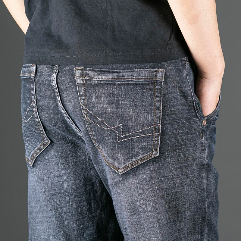 Vyriški plius dydis 46 48 50 springautumn naujus džinsus, tiesios kojos kelnės mados juoda/mėlyna/pilka aukštos kokybės ruožas medvilnės kelnės