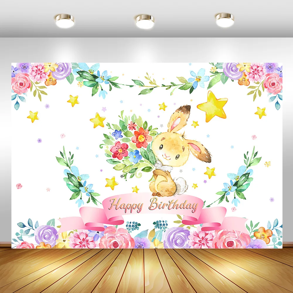 Cute Bunny Gimtadienio Fone Star Spalvinga Gėlių Mergaitė Gimtadienio Foto Fone Tortas Desertas Stalo Dekoravimui Reklama