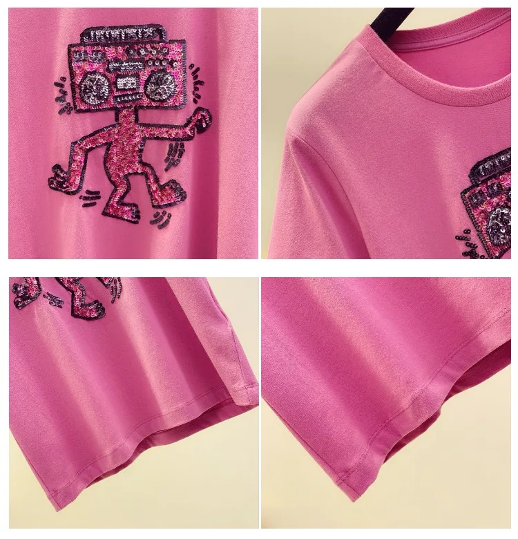 Juokingas Robotas T Marškinėliai Moterims Rožinės spalvos Blizgučiai trumpomis Rankovėmis Vasarą Tee Šukuotinės Medvilnės korėjos Stiliaus marškinėliai