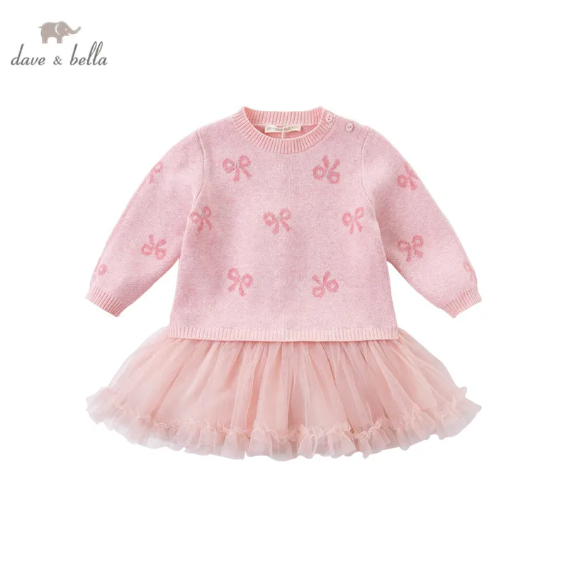 DBZ14948 dave bella rudenį baby girl mielas lankas spausdinti akių megztinis suknelė vaikų mados šalis suknelė vaikams kūdikiams lolita drabužiai