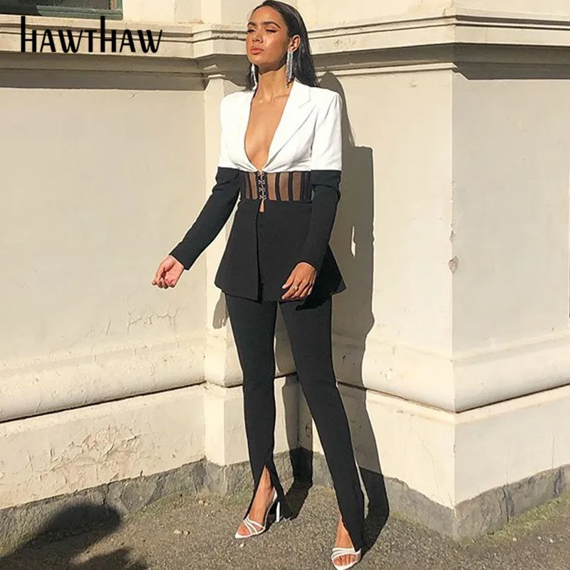 Hawthaw Moteris Rudens-Žiemos Long Sleeve V-Kaklo Spalvos Bloką Streetwear Ponios Švarkas Pritaikytas Verslo Kailis 2020 M. Rudenį Drabužiai