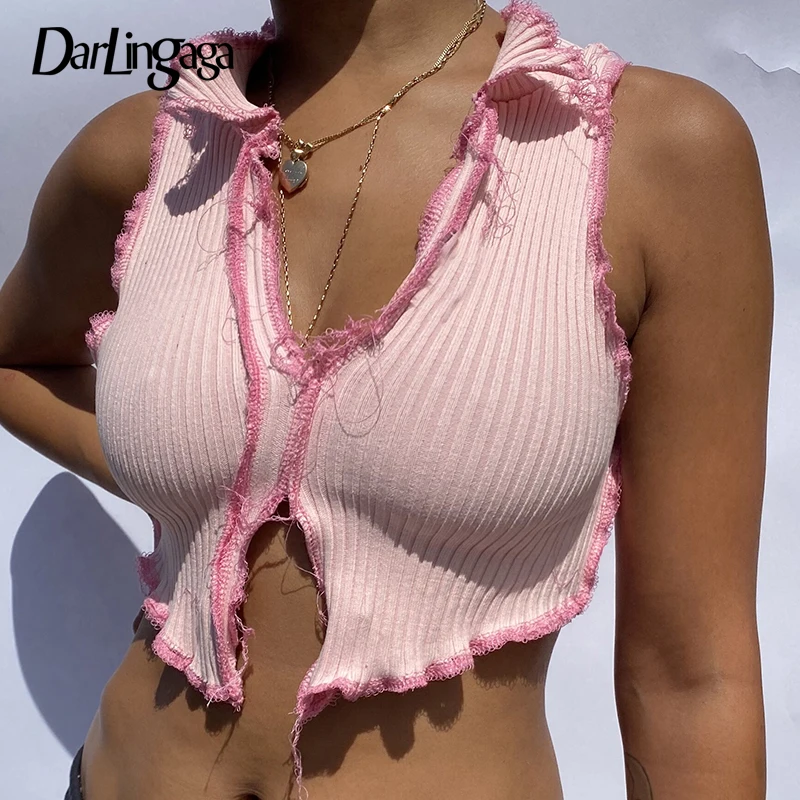 Darlingaga Streetwear Juostele Kratinys Megzti Tank Top Pink Kutas Slim Seksualus Pasėlių Viršuje Moterų Liemenė Berankovis Vasaros Viršūnes Drabužiai