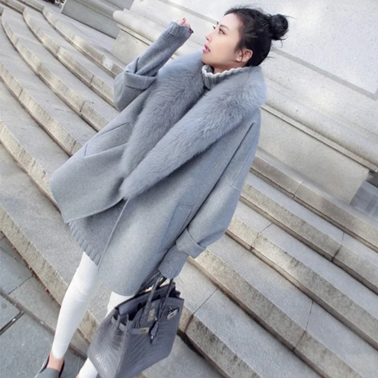 2019 Vilnoniai paltai moterims korėjos versiją, rudenį cardigan caot marškinėliai pilka didelis kailių apykaklės žiemos elegantiškas vilnonis švarkelis
