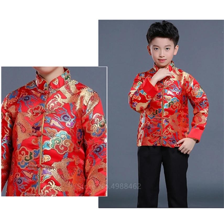 2020 Berniukas Mergaitė Kinų Naujųjų Metų Drabužių, Tradicinių Dragon Siuvinėjimo Tango Tiktų Vaikams Etape Šalis Festivalis Rytų Hanfu Drabužiai