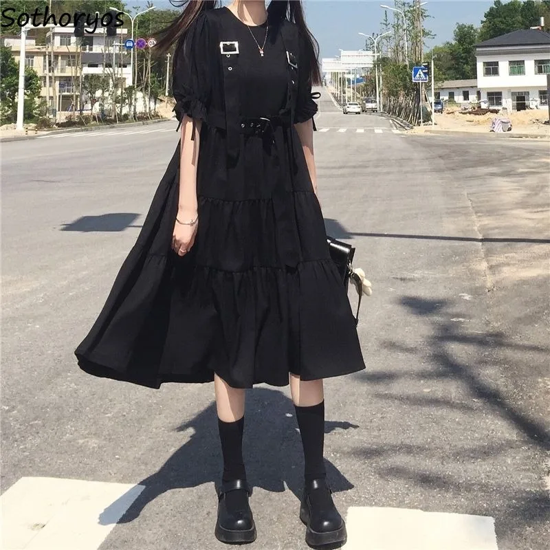 Trumpomis Rankovėmis Suknelė Moterims Juodas Diržas Laisvas Kratinys Japoniško stiliaus Mados Suknelės Studentų Stilingas Gatvės-dėvėti Paprastas Ulzzang
