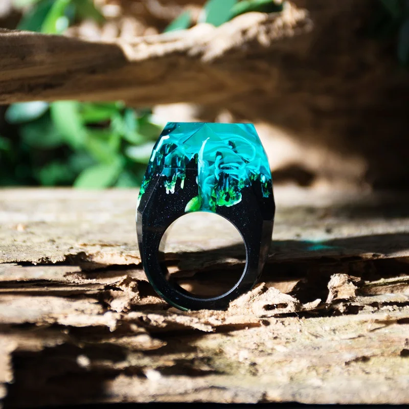 2019 Naujas Mados Dangus Mėlynas Medinis Dervos Žiedas Moterų Miškų Kūrybos Rankų darbo Krioklys Dangaus Micro Kraštovaizdžio Žiedas Moterims