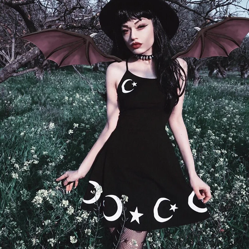 Vasarą Moterys Gothic Punk Star Mėnulis Spausdinti Diržas Rankovių Backless Kryžiaus Diržas Mini Suknelė Vintage Seksualus Atsitiktinis Šalies Klubas Dresse