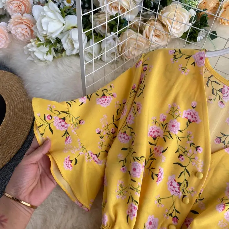 Boho slim v kaklo Ruffles Vasaros gėlių spausdinti Midi ilgio šifono Suknelė Moterims atsitiktinis paplūdimio atostogų suknelė elegantiškas Šalis suknelė tunika