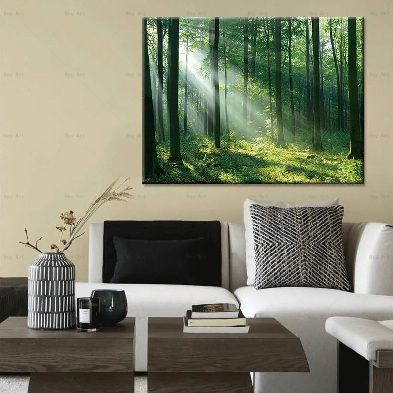 Kraštovaizdžio drobės tapybos paveikslų sienos meno namo kambaryje spausdinti gražaus saulėtekio miško plakatas