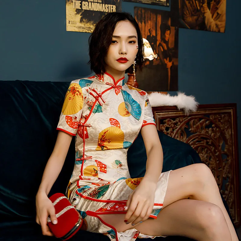 Mados Skėtis Ventiliatorius, Skaitmeninis Spausdinimas Šilko Satino Kinų Suknelė Naujojo Modelio Dizainas Cheongsam Pokylių Šalis Suknelė Moterims Trumpas Qipao