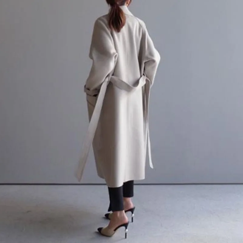 Žiemos Smėlio Spalvos Elegantiškas Vilnos Mišinys Moterų Korėjos Mados Juoda Ilgi Paltai Derliaus Minimalistinio Vilnonis Paltas Kupranugaris Negabaritinių Outwear