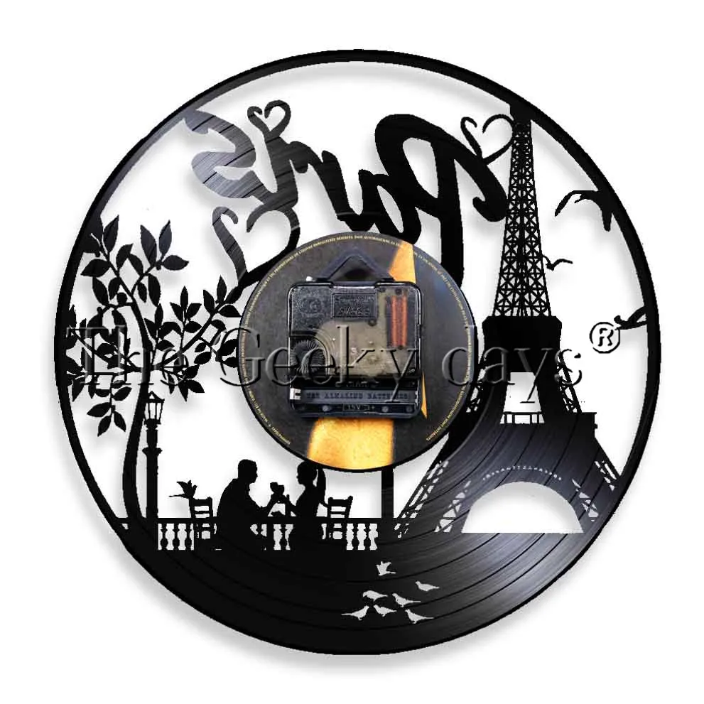 1Piece Paryžiaus Vinilo Įrašas Sieninis Laikrodis Prancūzija Paryžiaus Panorama Sienų Dekoras Eifelio Bokštas Meilės Miestą Rankų darbo, Originalus Laikrodis