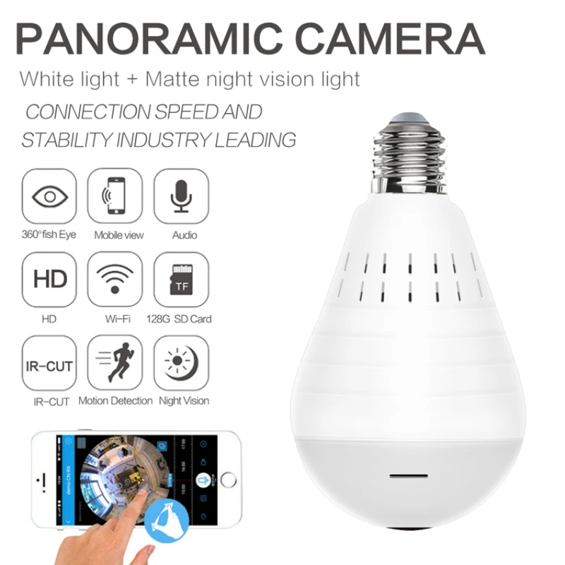 960P Home Security IP Wifi vaizdo Kamera 360 Panoraminis LED Lemputės Kamera, Wireless 1.3 MP onvi Priežiūros Vaizdo Kamera, Lempa