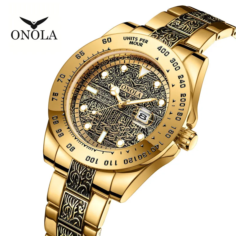 Prekės ONOLA Verslo Atsitiktinis prabangus retro nerūdijančio plieno auksiniai vyriški žiūrėti aukštos kokybės aukso laikrodžiai vyrams
