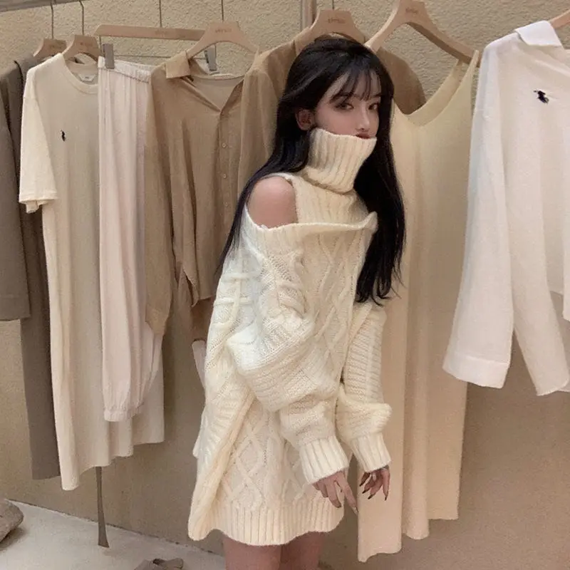 2020 Naujas Žiemos Korėjos Stiliaus Megztiniai Megzti Vientisos Spalvos Puloveriai Golfo Džemperis Moterims Šiltas Off Pečių, Vyriški Drabužiai