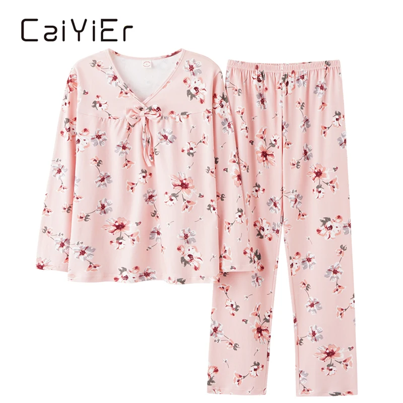 CAIYIER V-Kaklo Seksuali Pižama Nustatyti Gėlių Spausdinti Sleepwear Moterų Medvilnės naktiniai drabužiai Tiktų Didelio Dydžio Laisvi Namų Drabužius M-4XL