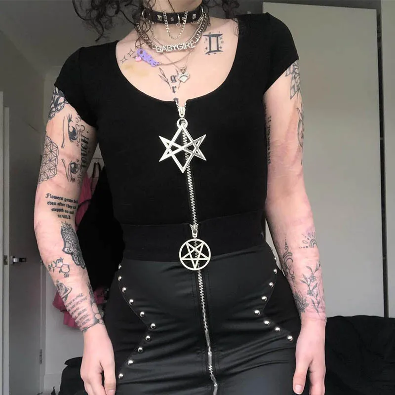 Goth Marškinėliai Moterims Vasarą Tamsiai Stiliaus Metalo Grandinės Zip iki Trumpas Rankovės Pasėlių Top Marškinėliai