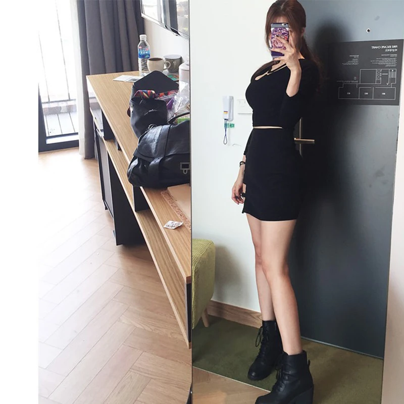 Korėjos moterys asmenybės geležies žiedas klubo Imperija suknelė nereguliarus seksuali juoda suknelė didelis dydis mados Kelio Ilgis Gotikos-Line