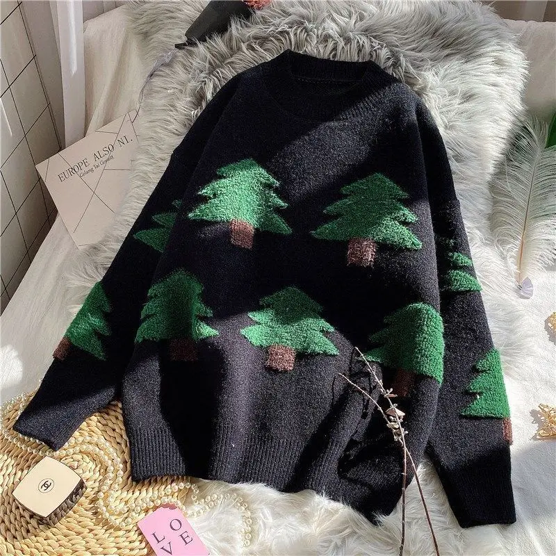 E-BAIHUI Juoktis Kaklo Megztinis 2020 M. Žiemą, Rudenį Kalėdų Eglutės Modelio Moteris Megztiniai Puloveriai Atsitiktinis Megzti Prarasti Džemperiai