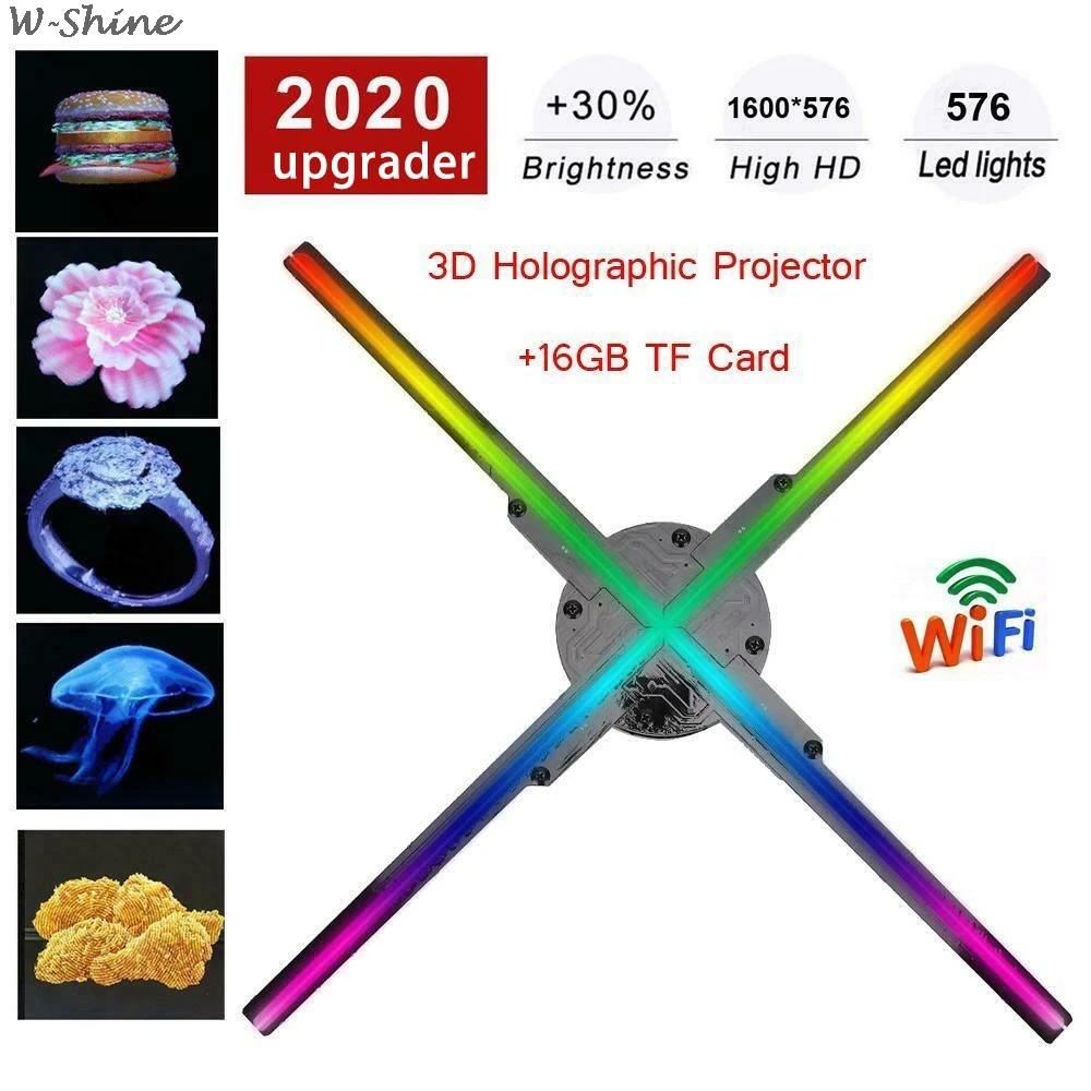WiFi 3D Holografinis Projektorius Holograma Žaidėjas Plika Akimi LED Ekranas, Ventiliatorius Reklamos Šviesos 16G TF Kortelės APP Kontrolės 384/576 Led