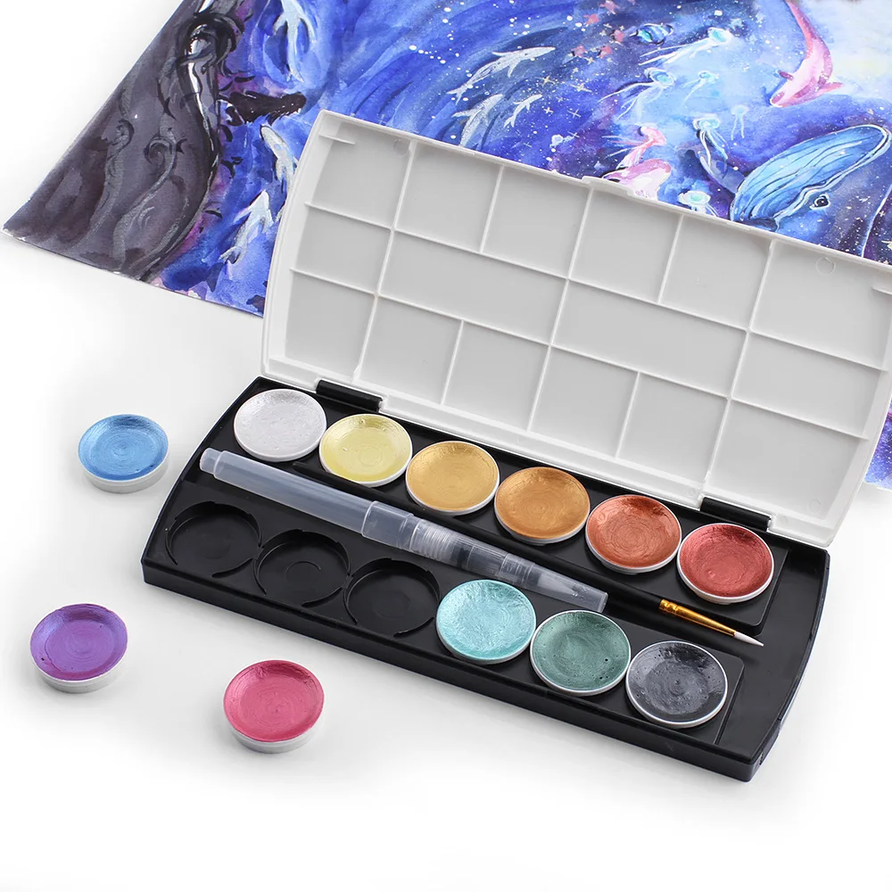 12Colors Metallic Akvarelės Dažų Rinkinys Aukso Akvarelės Dažų Su Vandens Teptuku Dažymo Vandens Spalvos Pigmentas Meno Reikmenys