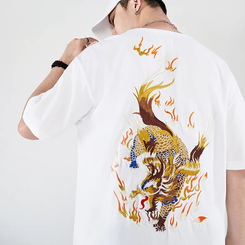 2020 Vyrų Hip-Hop Marškinėliai Streetwear Kinų Drakonas Siuvinėjimo Marškinėlius Harajuku HipHop, T-marškinėliai, Medvilnė Viršūnes Tees Balta WG964