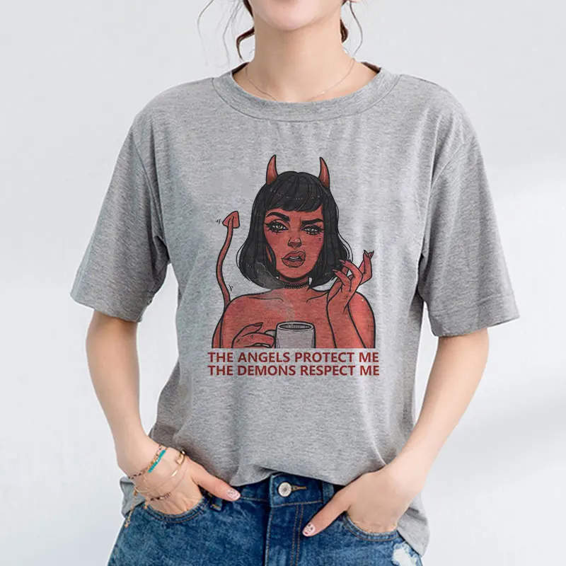 2020 metų Vasaros Pilka viršūnes Love&Hell Spausdinimo moterys T-shirt Harajuku Mados Derliaus streetwear Angel&Devil Marškinėlius Moterų Marškinėliai viršų