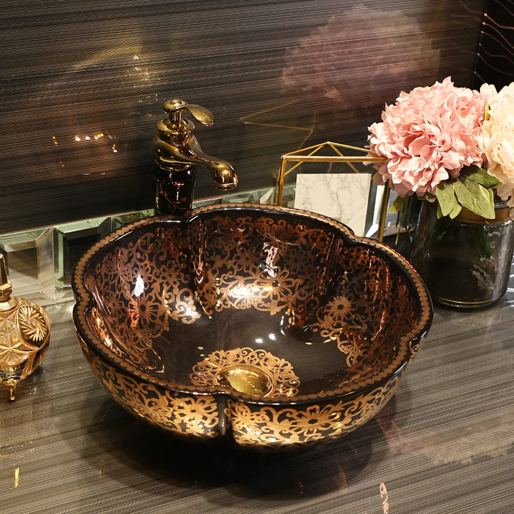Gėlių formos Jingdezhen gamykloje tiesiogiai keramikos, rankomis dažyti plauti rankomis baseino vonios kriauklės juoda su aukso modelis LO613424