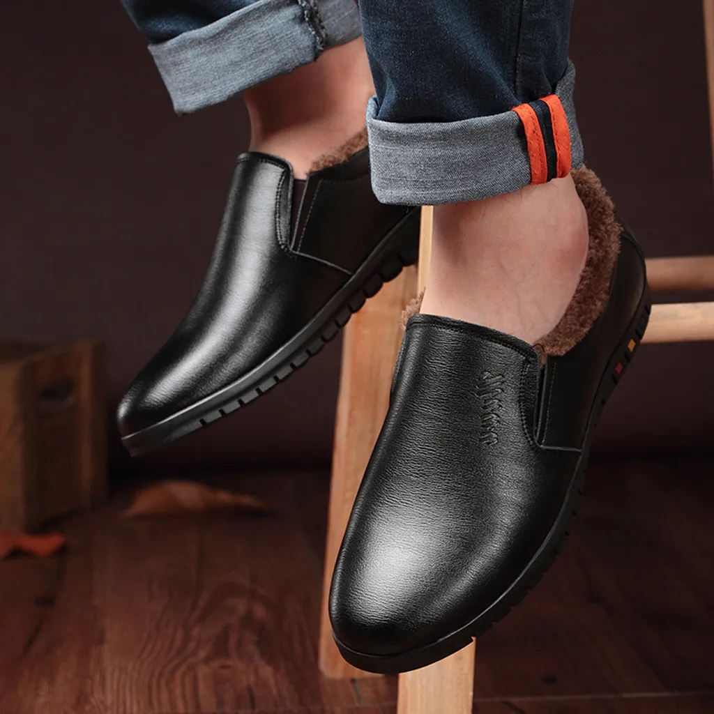 Žiemos vyriški klasikiniai odiniai plokščiadugnis šiltas medvilnės apvalios galvos batai europos sąjungos oficialusis verslo batus atsitiktinis plius medvilnės batai