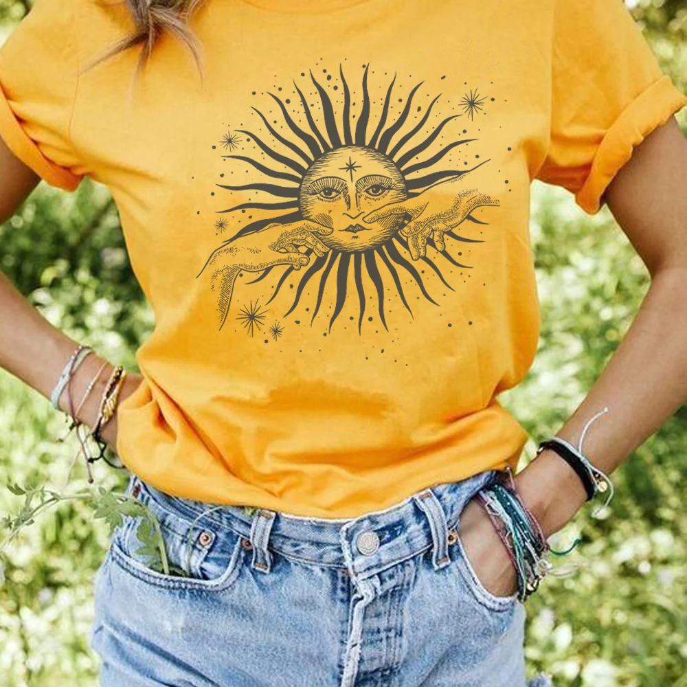 Derliaus Saulę Rankas, Print T-Marškinėliai Moterims Vasaros Atsitiktinis Palaidų Trumpas Rankovės Tees Hipster Mielas Estetinės Astrologija Viršūnės